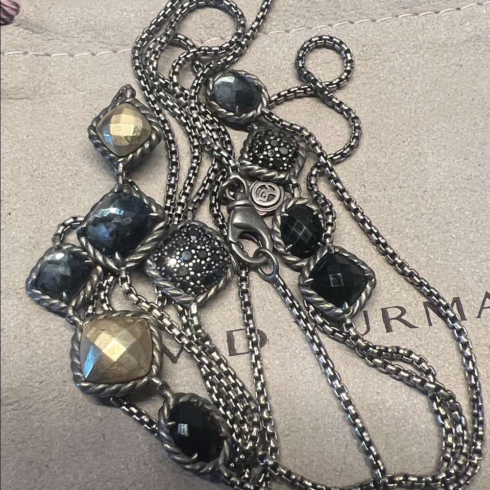 David Yurman Chatelaine Diamond, onyx and gold station necklace - Picture 4 of 7